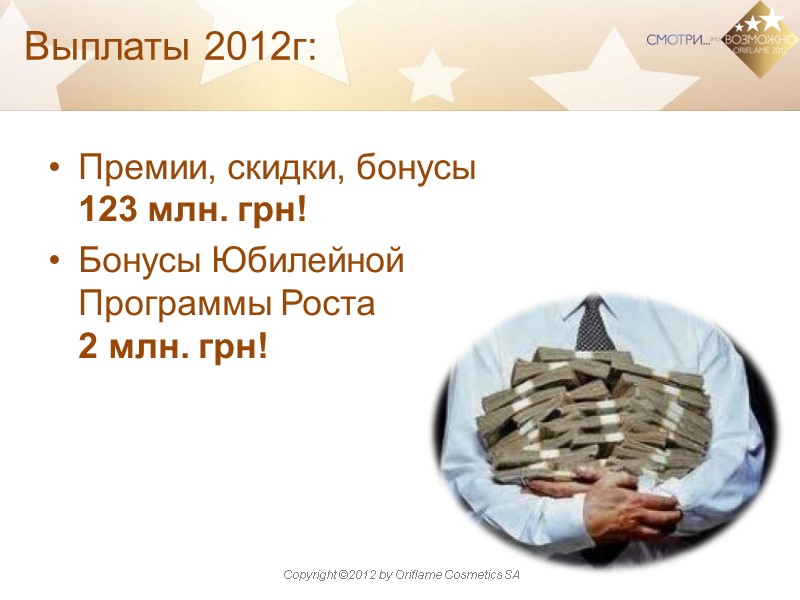 Выплаты 2012г: Премии, скидки, бонусы 123 млн. грн! Бонусы Юбилейной Программы Роста  